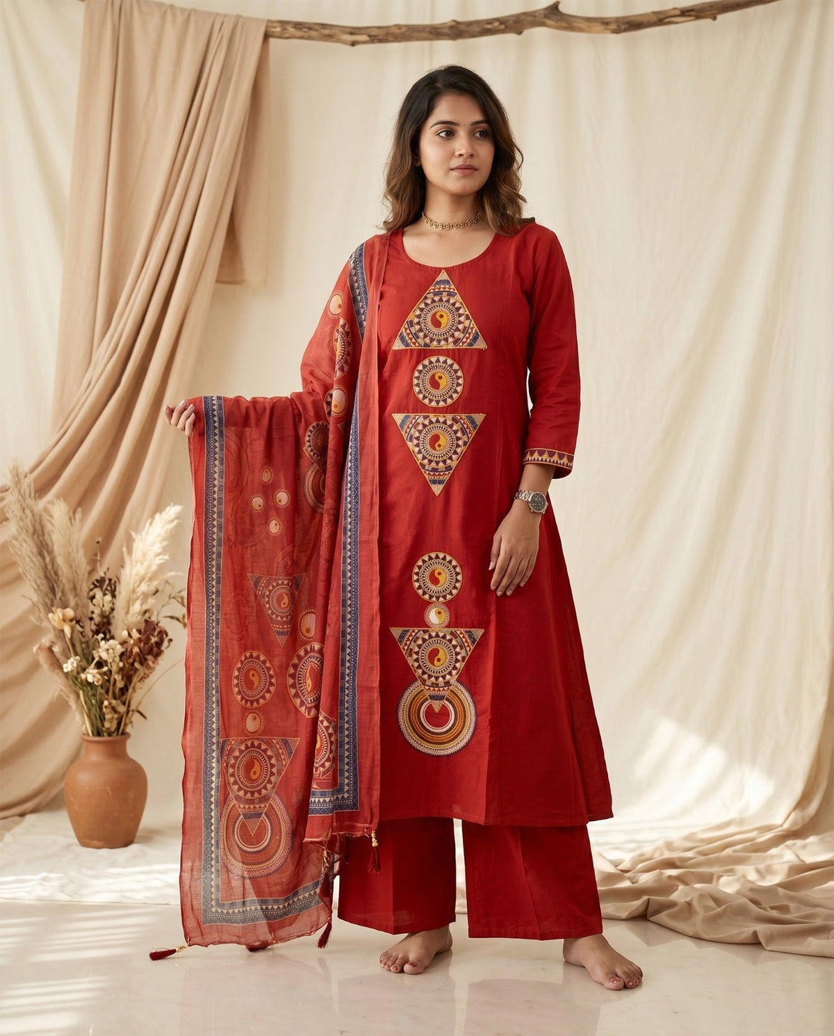 Naisha K 996 Dhabu Cotton Embroidered Kurti Pant Dupatta Set - Amrah Wholesale