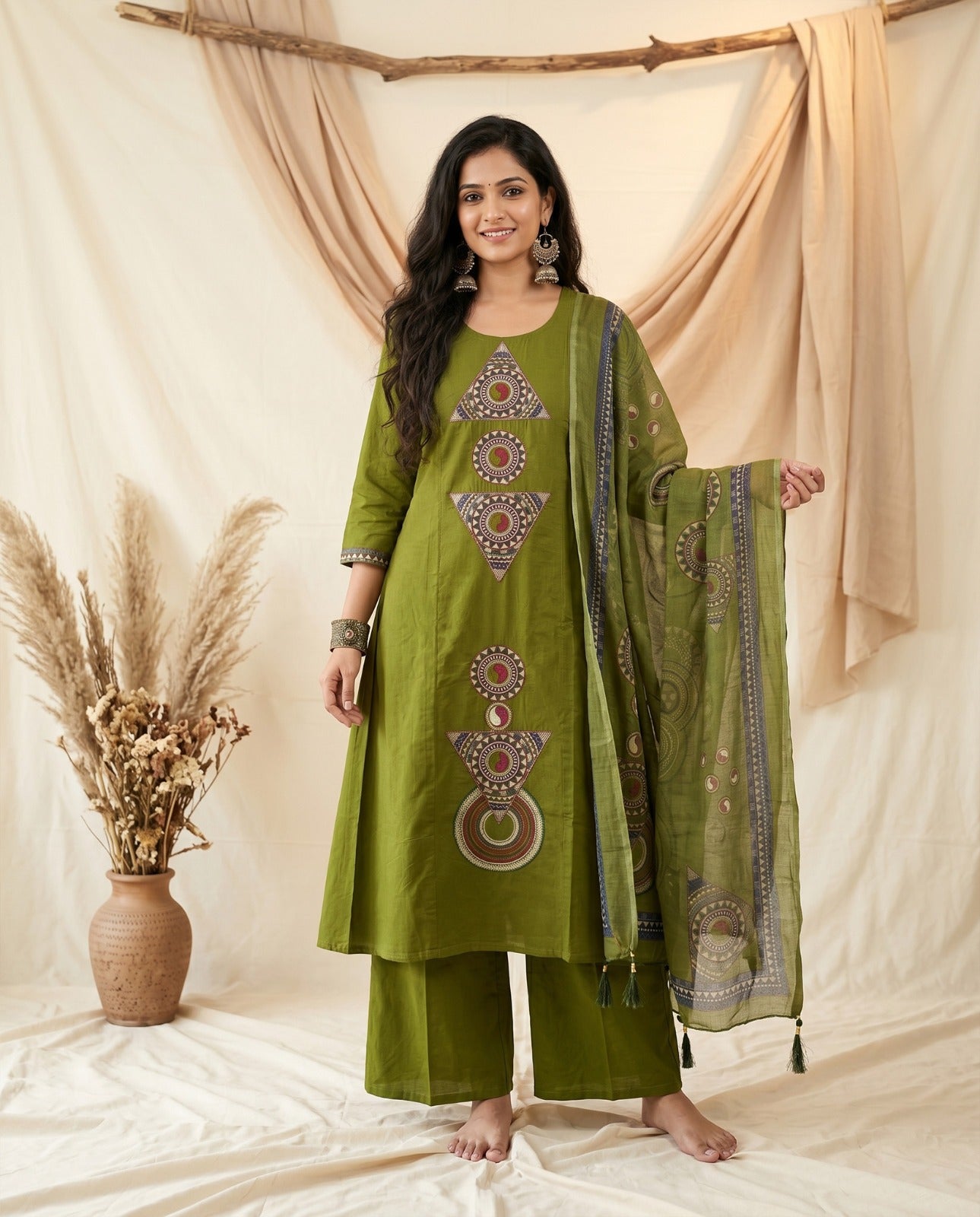 Naisha K 996 Dhabu Cotton Embroidered Kurti Pant Dupatta Set