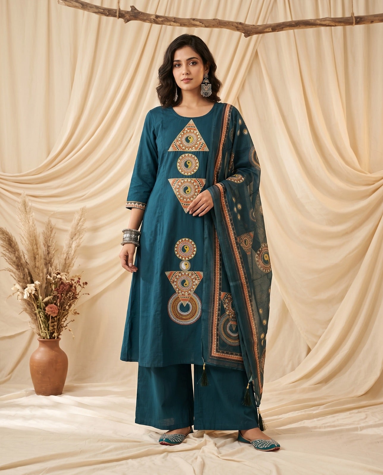 Naisha K 996 Dhabu Cotton Embroidered Kurti Pant Dupatta Set