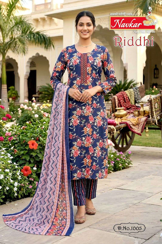 Navkar Riddhi Foil Print Embroidered Kurti Pant Dupatta Set - Amrah Wholesale