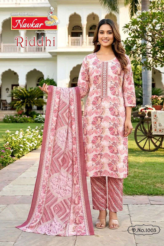 Navkar Riddhi Foil Print Embroidered Kurti Pant Dupatta Set - Amrah Wholesale