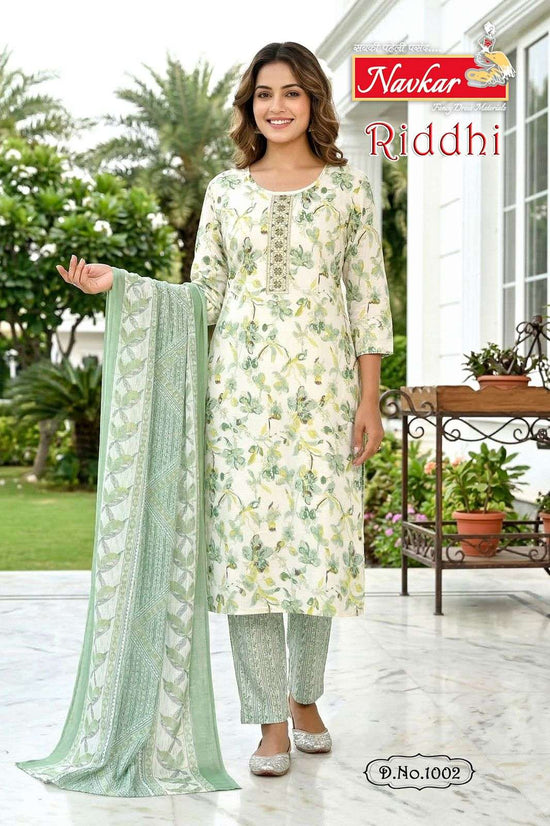 Navkar Riddhi Foil Print Embroidered Kurti Pant Dupatta Set - Amrah Wholesale