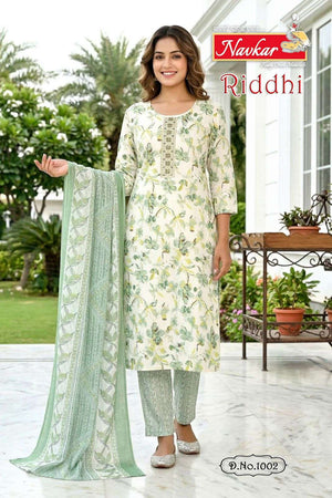 Navkar Riddhi Foil Print Embroidered Kurti Pant Dupatta Set