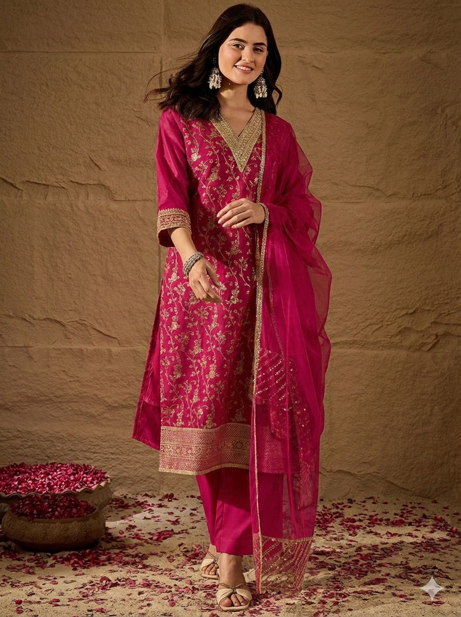 Amrah Wholesale Navya Kurti 248 Chanderi Silk Kurti Pant Dupatta Set