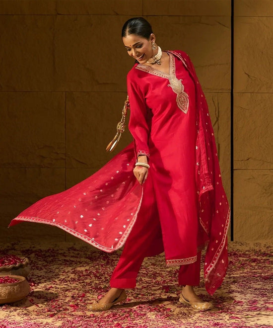 Navya Kurti 268 Silk Blend Embroidered Kurti Pant Dupatta Set - Amrah Wholesale
