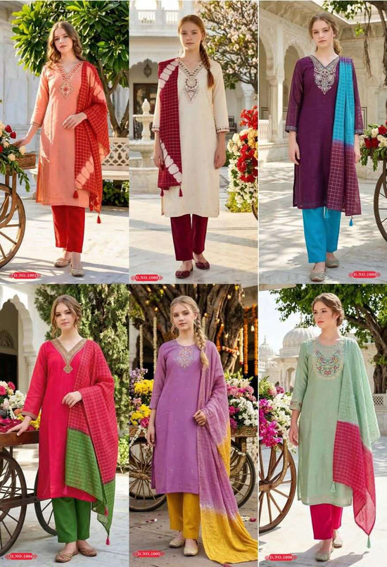 Nemis Jully Vol 1 Simmer Embroidered Kurti Pant Dupatta Set - Amrah Wholesale
