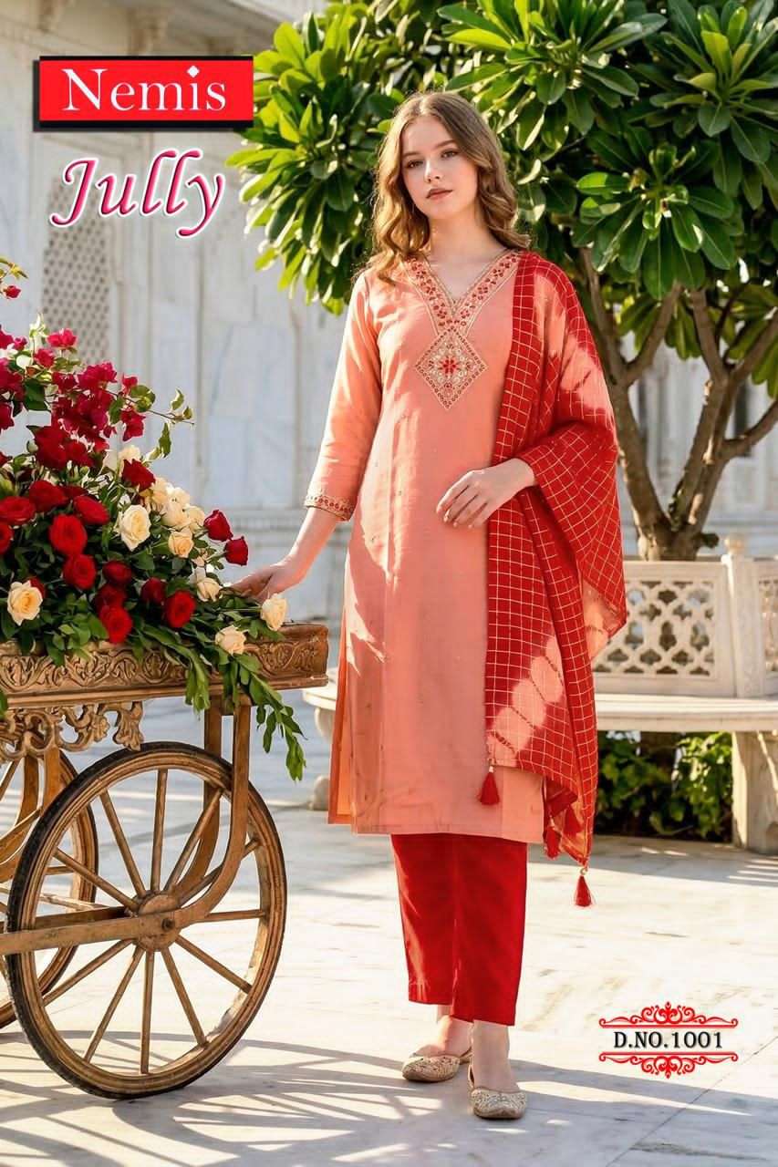 Nemis Jully Vol 1 Simmer Embroidered Kurti Pant Dupatta Set - Amrah Wholesale