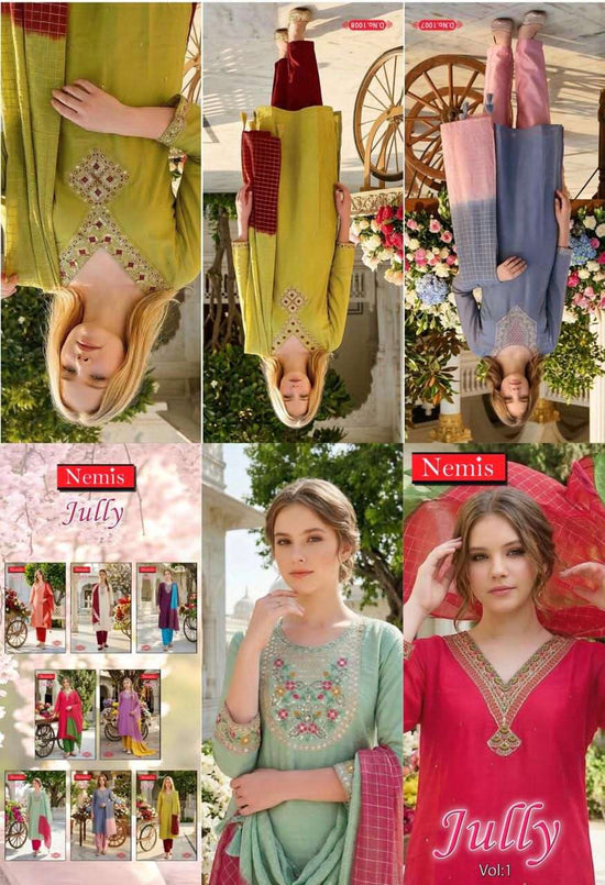 Nemis Jully Vol 1 Simmer Embroidered Kurti Pant Dupatta Set - Amrah Wholesale
