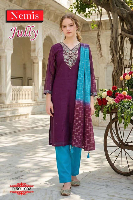 Nemis Jully Vol 1 Simmer Embroidered Kurti Pant Dupatta Set - Amrah Wholesale