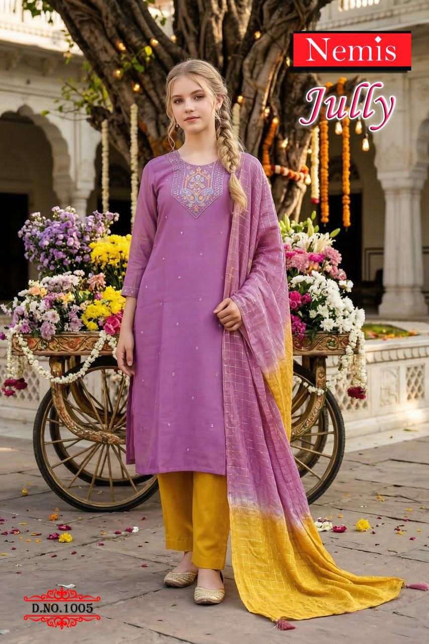 Nemis Jully Vol 1 Simmer Embroidered Kurti Pant Dupatta Set - Amrah Wholesale
