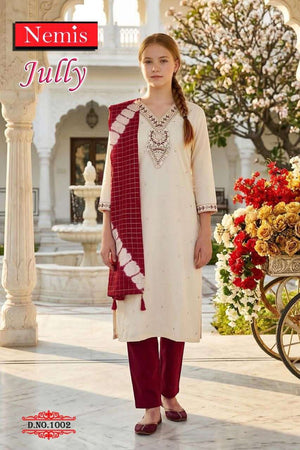 Nemis Jully Vol 1 Simmer Embroidered Kurti Pant Dupatta Set - Amrah Wholesale