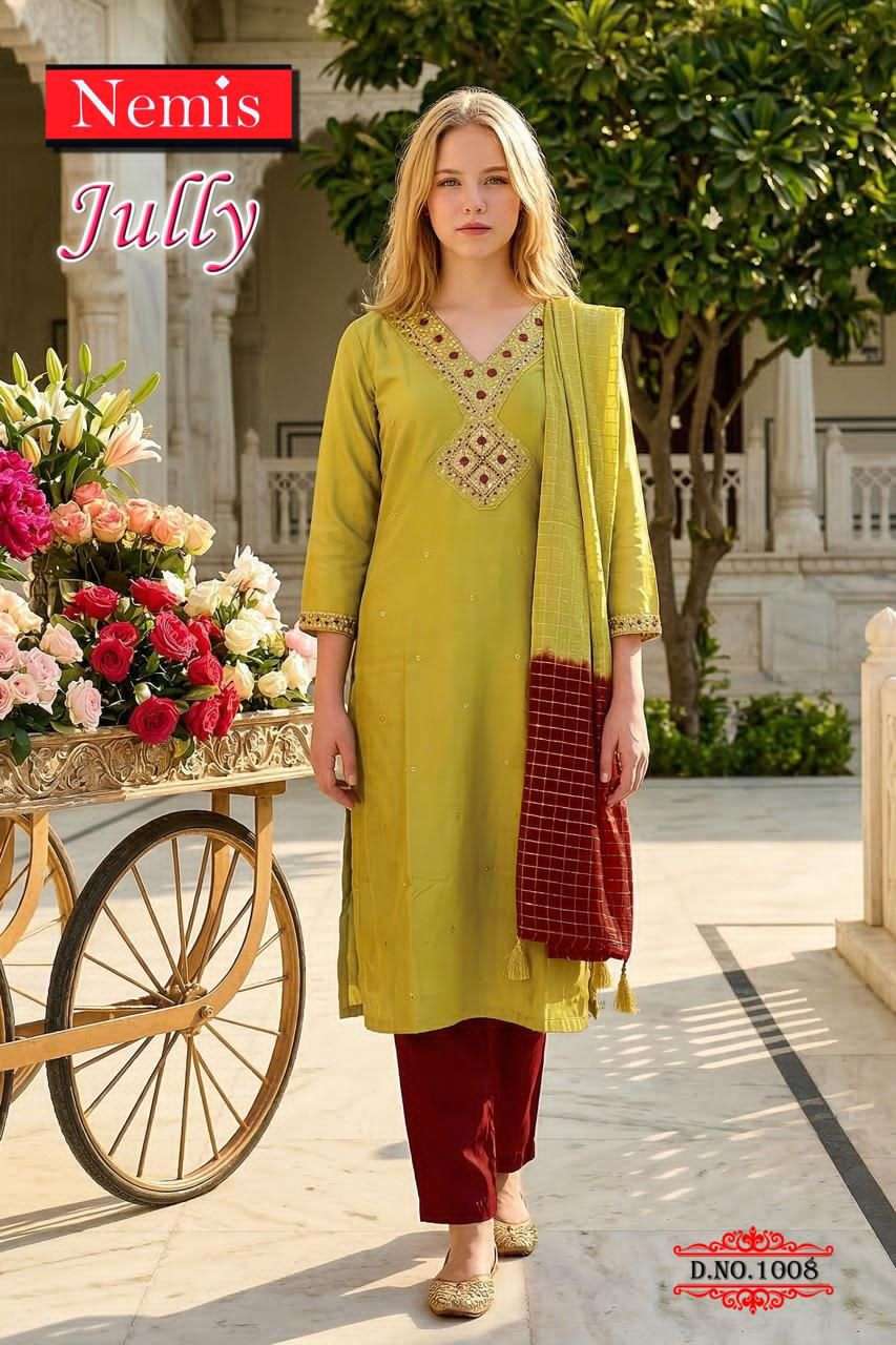 Nemis Jully Vol 1 Simmer Embroidered Kurti Pant Dupatta Set - Amrah Wholesale