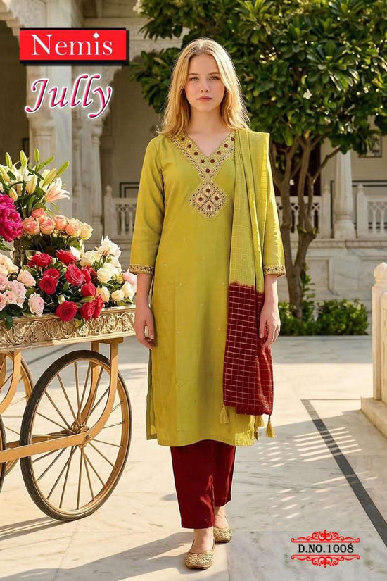 Nemis Jully Vol 1 Simmer Embroidered Kurti Pant Dupatta Set - Amrah Wholesale