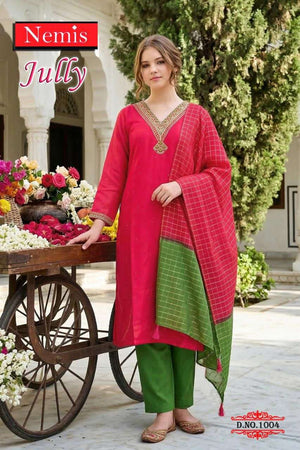 Nemis Jully Vol 1 Simmer Embroidered Kurti Pant Dupatta Set - Amrah Wholesale