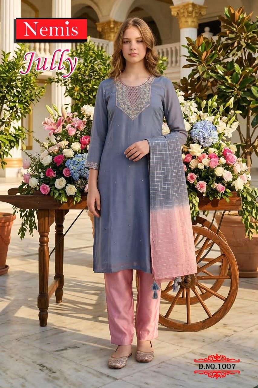 Nemis Jully Vol 1 Simmer Embroidered Kurti Pant Dupatta Set - Amrah Wholesale