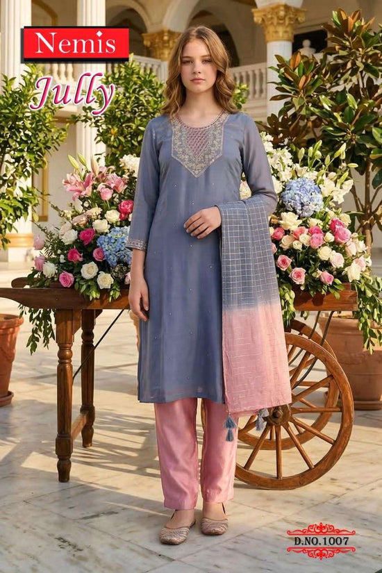 Nemis Jully Vol 1 Simmer Embroidered Kurti Pant Dupatta Set - Amrah Wholesale