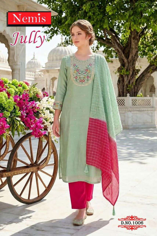 Nemis Jully Vol 1 Simmer Embroidered Kurti Pant Dupatta Set - Amrah Wholesale