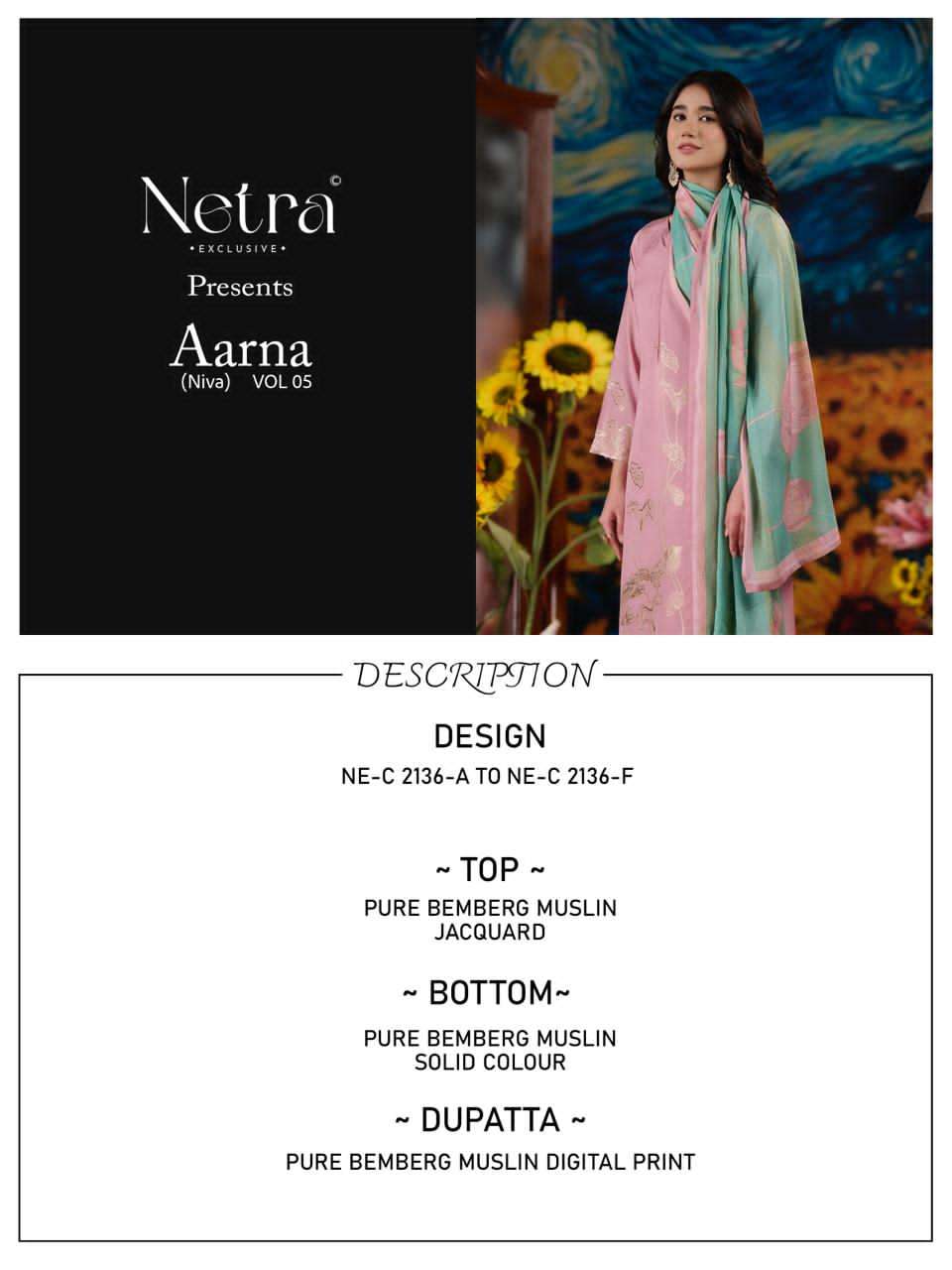 Netra Exclusive Aarna Niva Vol 5 Bemberg Muslin Dress Material - Amrah Wholesale