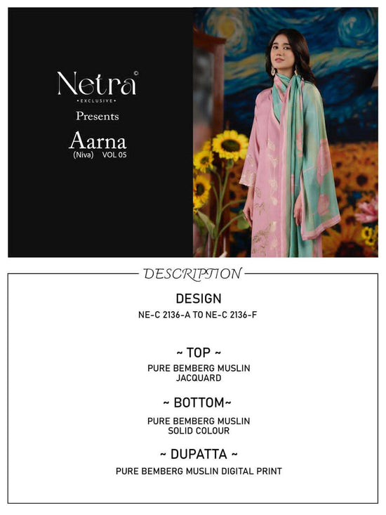 Netra Exclusive Aarna Niva Vol 5 Bemberg Muslin Dress Material - Amrah Wholesale