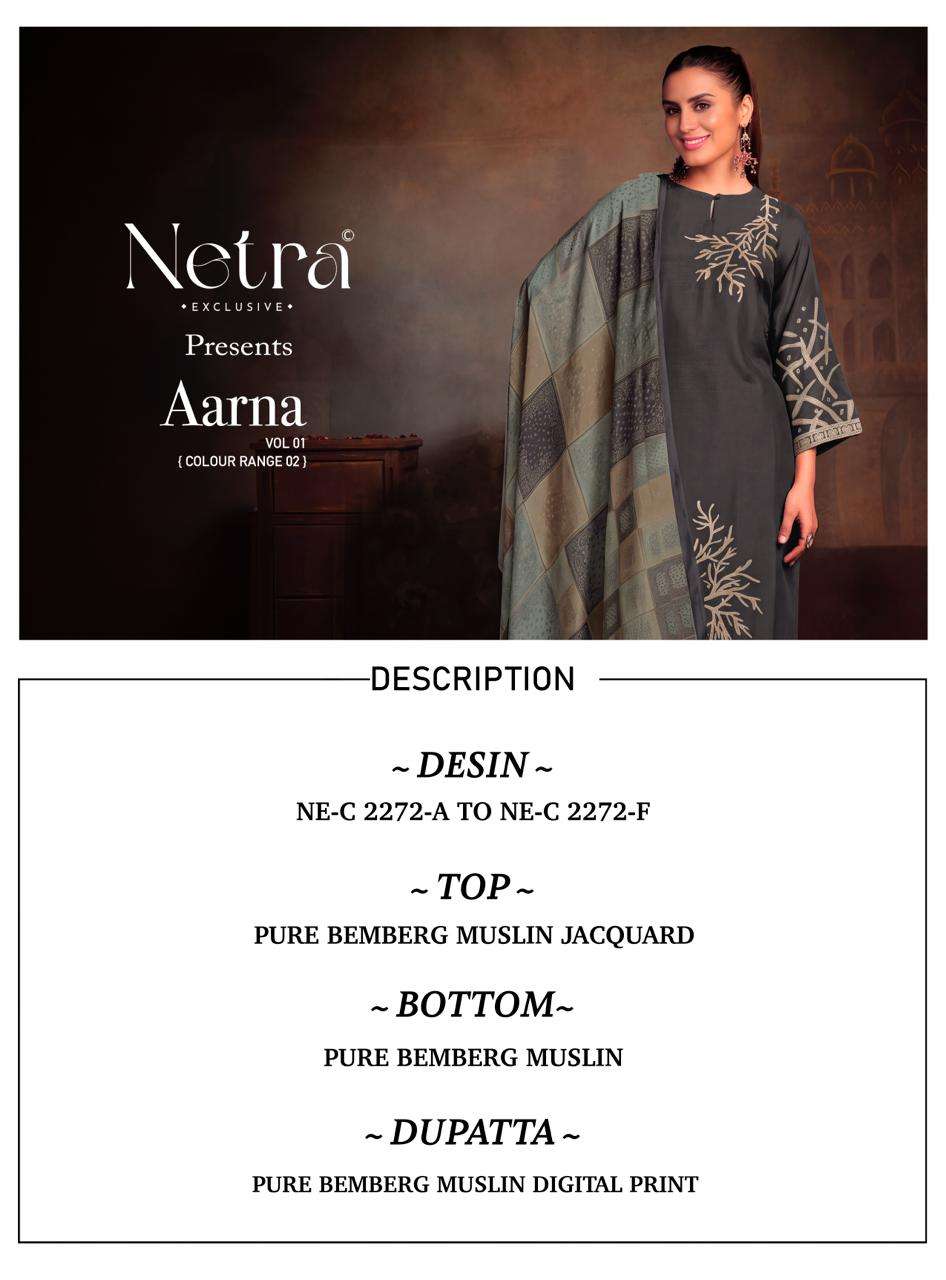 Netra Exclusive Aarna Vol 1 Colour Range 2 Pure Bemberg Muslin Jacquard Suit