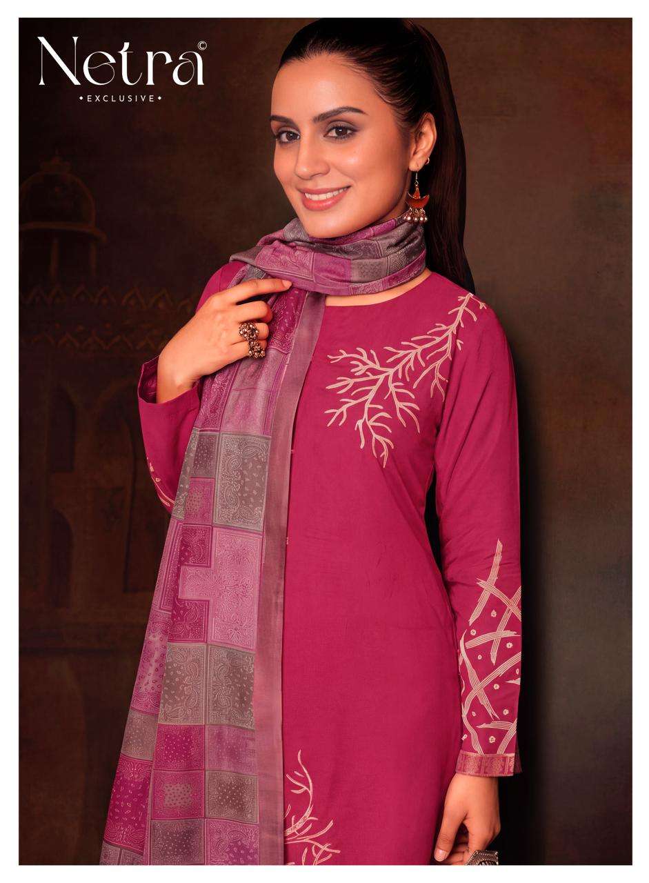 Netra Exclusive Aarna Vol 1 Colour Range 2 Pure Bemberg Muslin Jacquard Suit