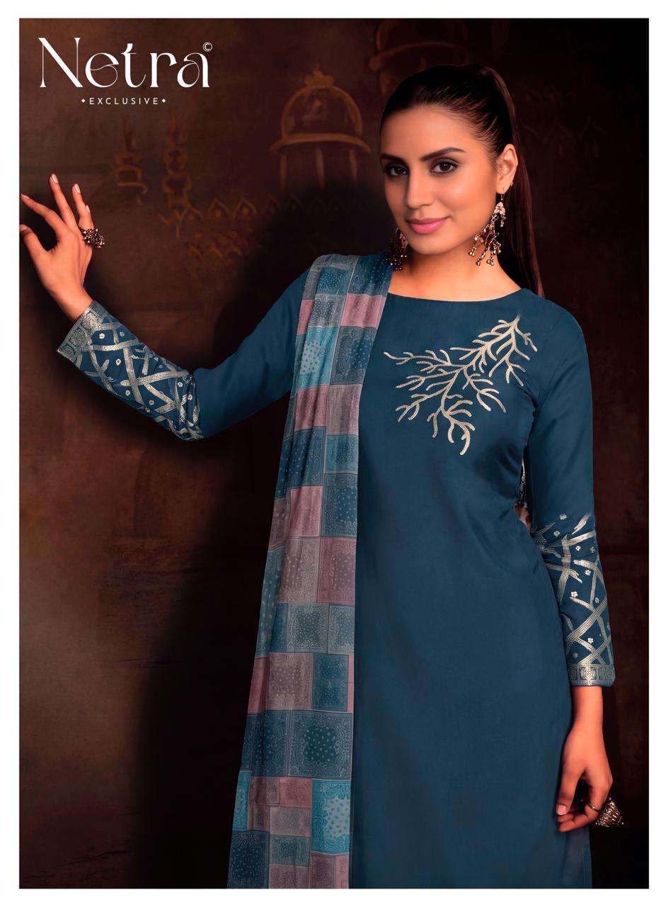 Netra Exclusive Aarna Vol 1 Colour Range 2 Pure Bemberg Muslin Jacquard Suit