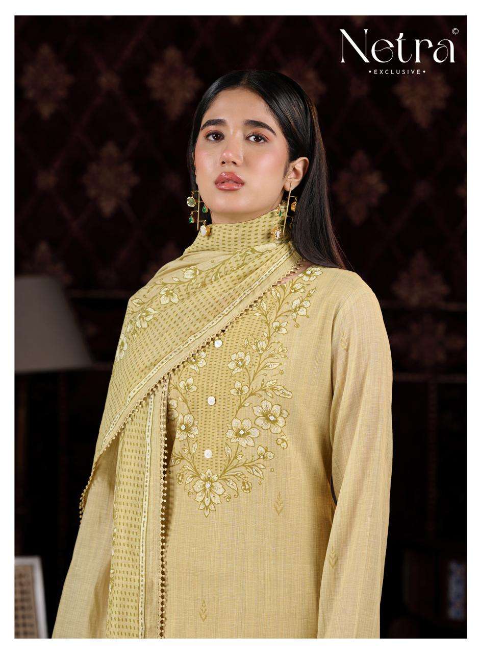 Netra Exclusive Charika Banarasi Mul Chanderi Dress Material