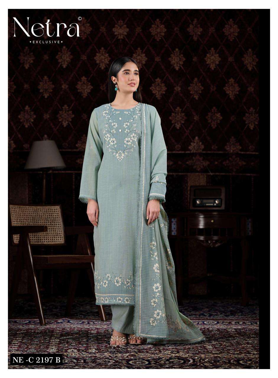Netra Exclusive Charika Banarasi Mul Chanderi Dress Material