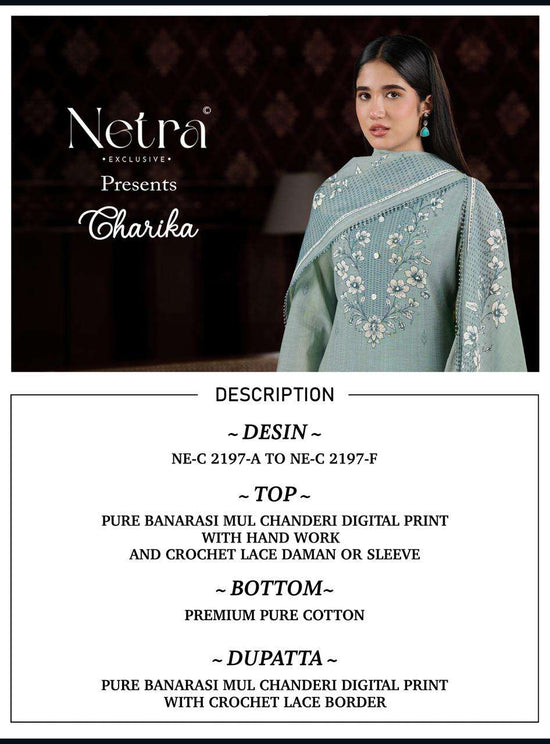 Netra Exclusive Charika Banarasi Mul Chanderi Dress Material