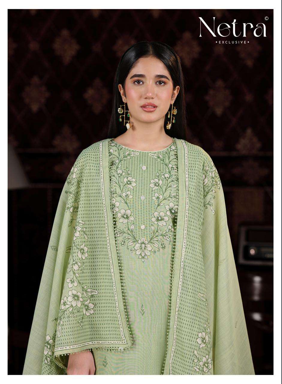 Netra Exclusive Charika Banarasi Mul Chanderi Dress Material