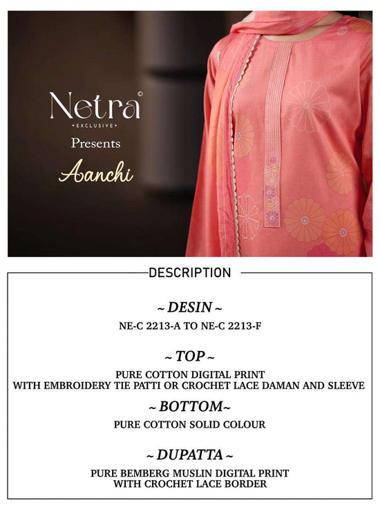 Netra Exclusive Aanchi Pure Cotton Dress Material Wholesale