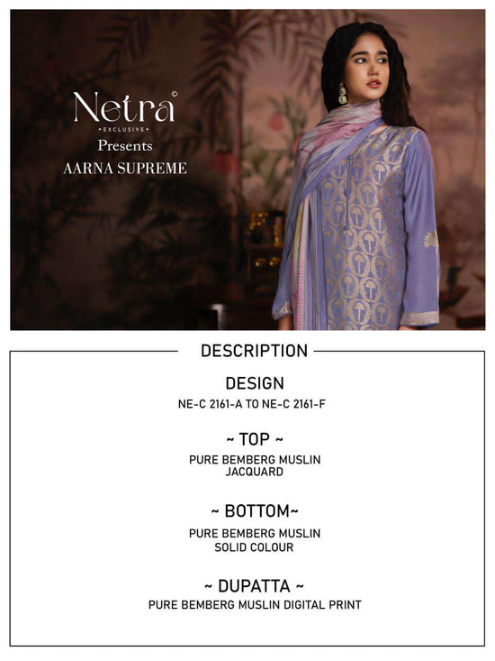Netra Exclusive Aarna Supreme Bemberg Muslin Dress Material - Amrah Wholesale