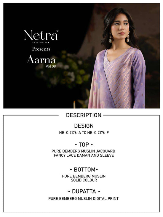 Netra Exclusive Aarna Vol 8 Pure Bemberg Muslin Jacquard Dress Material - Amrah Wholesale