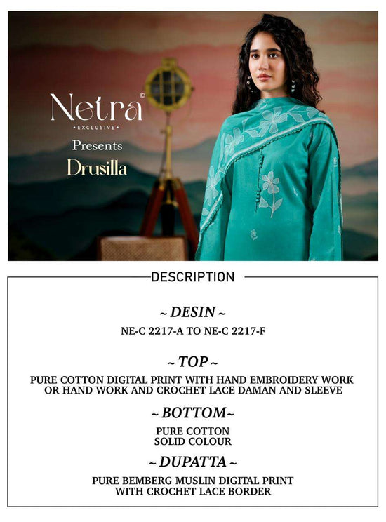 Netra Exclusive Drusilla Pure Cotton Dress Material - Amrah Wholesale