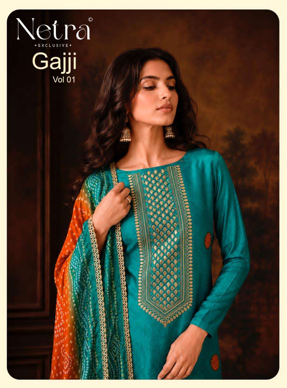Netra Exclusive Gajji Vol 1 Premium Bandhani Gajji Silk Dress Material Collection