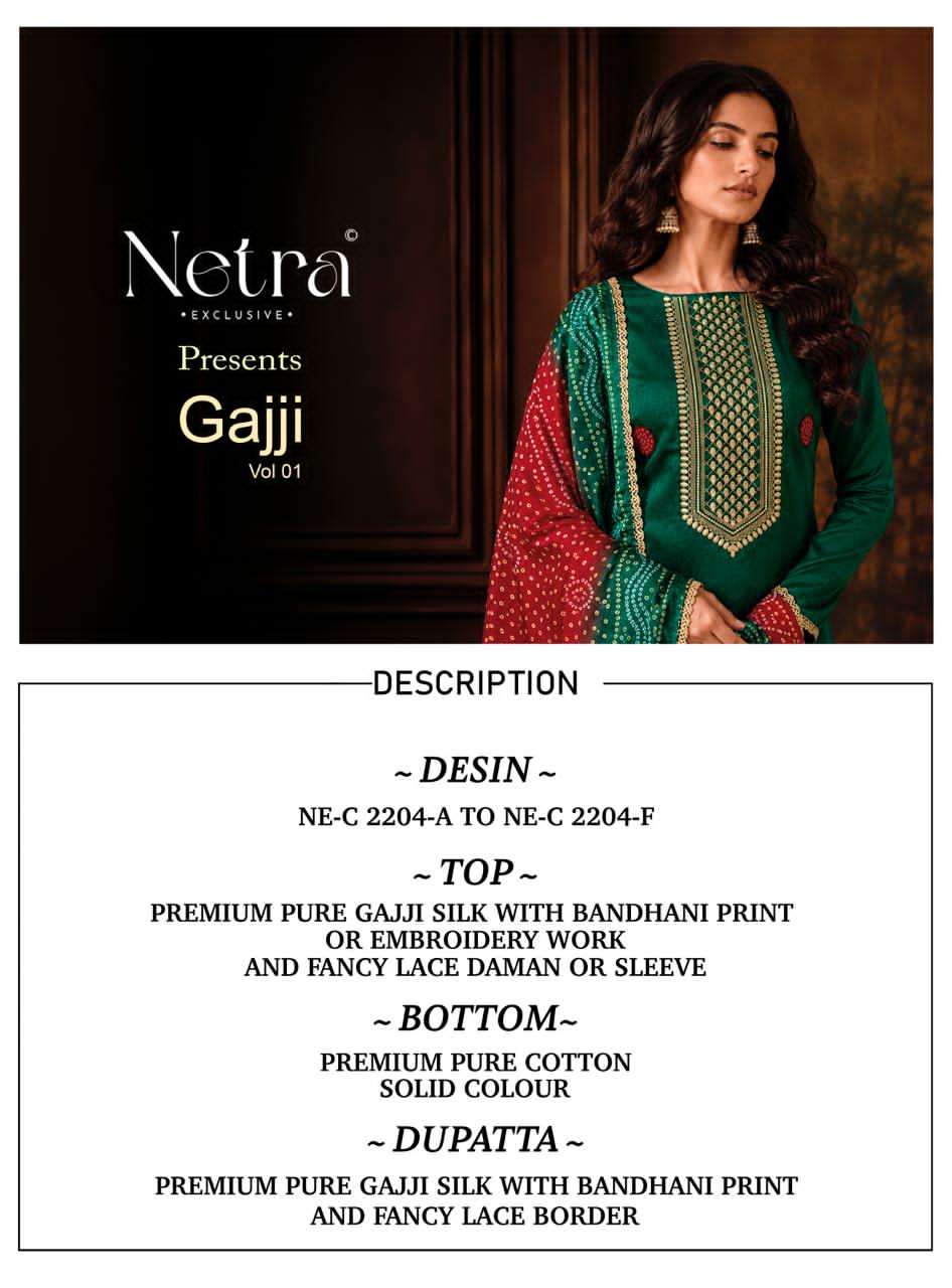 Netra Exclusive Gajji Vol 1 Premium Bandhani Gajji Silk Dress Material Collection