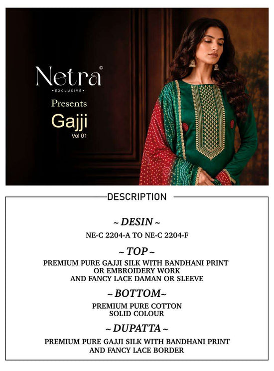 Netra Exclusive Gajji Vol 1 Premium Bandhani Gajji Silk Dress Material Collection