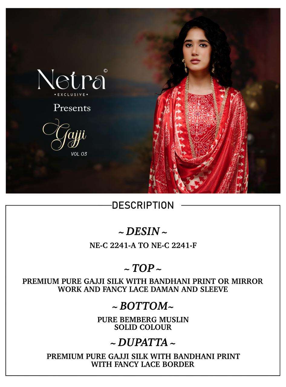Netra Exclusive Gajji Vol 3 Pure Gajji Silk Dress Material