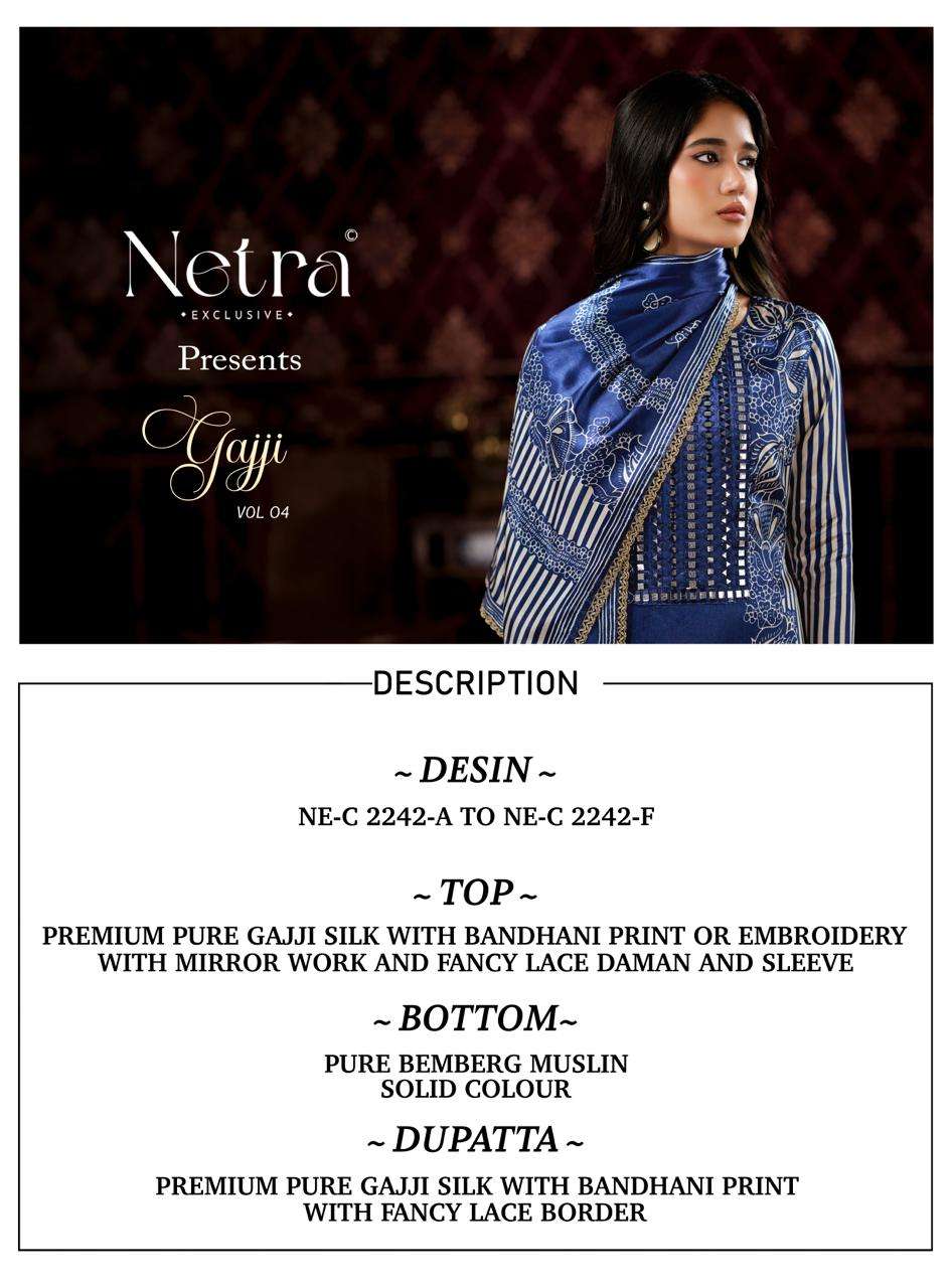 Netra Exclusive Gajji Vol 4 Pure Gajji Silk Dress Material