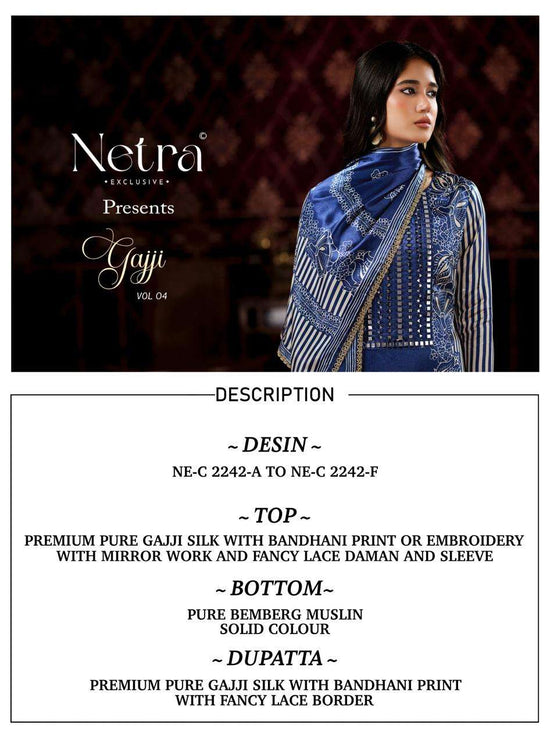Netra Exclusive Gajji Vol 4 Pure Gajji Silk Dress Material