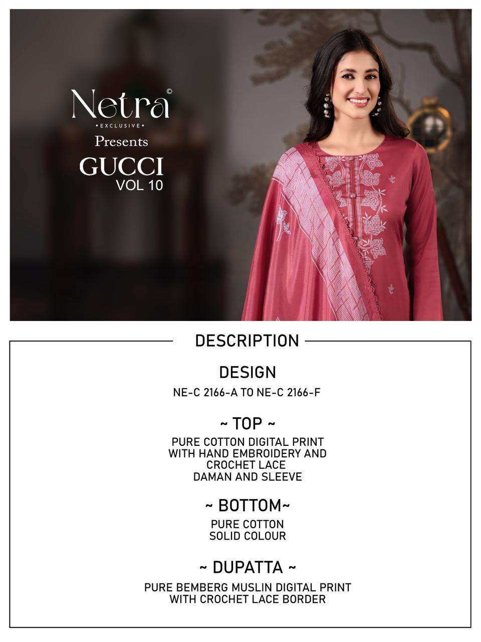Netra Exclusive Gucci Vol 10 Pure Cotton Dress Material - Amrah Wholesale