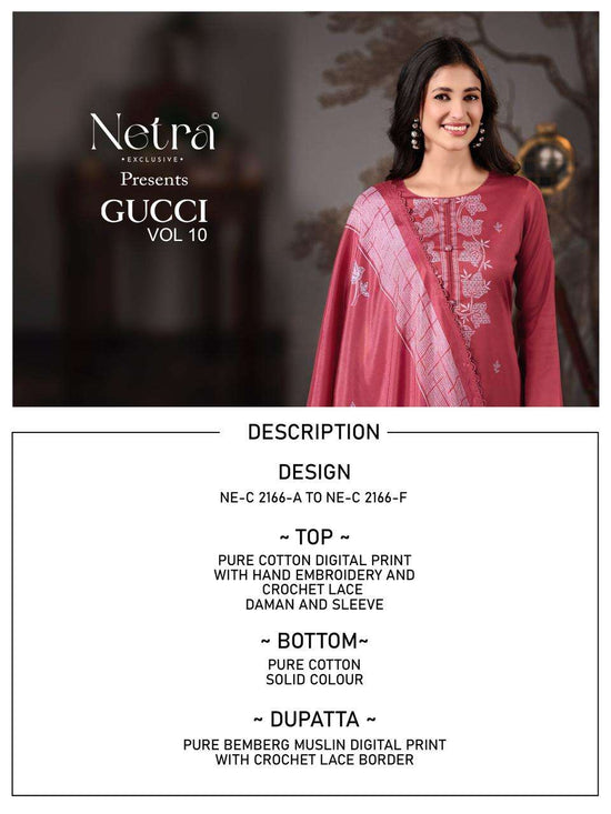Netra Exclusive Gucci Vol 10 Pure Cotton Dress Material - Amrah Wholesale