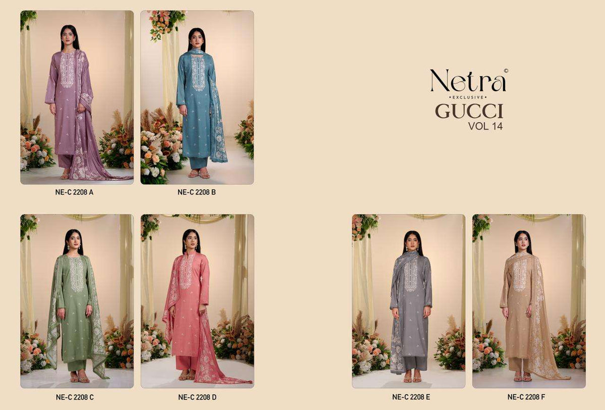 Netra Exclusive Gucci Vol 14 Premium Cotton Embroidered Dress Material - Amrah Wholesale