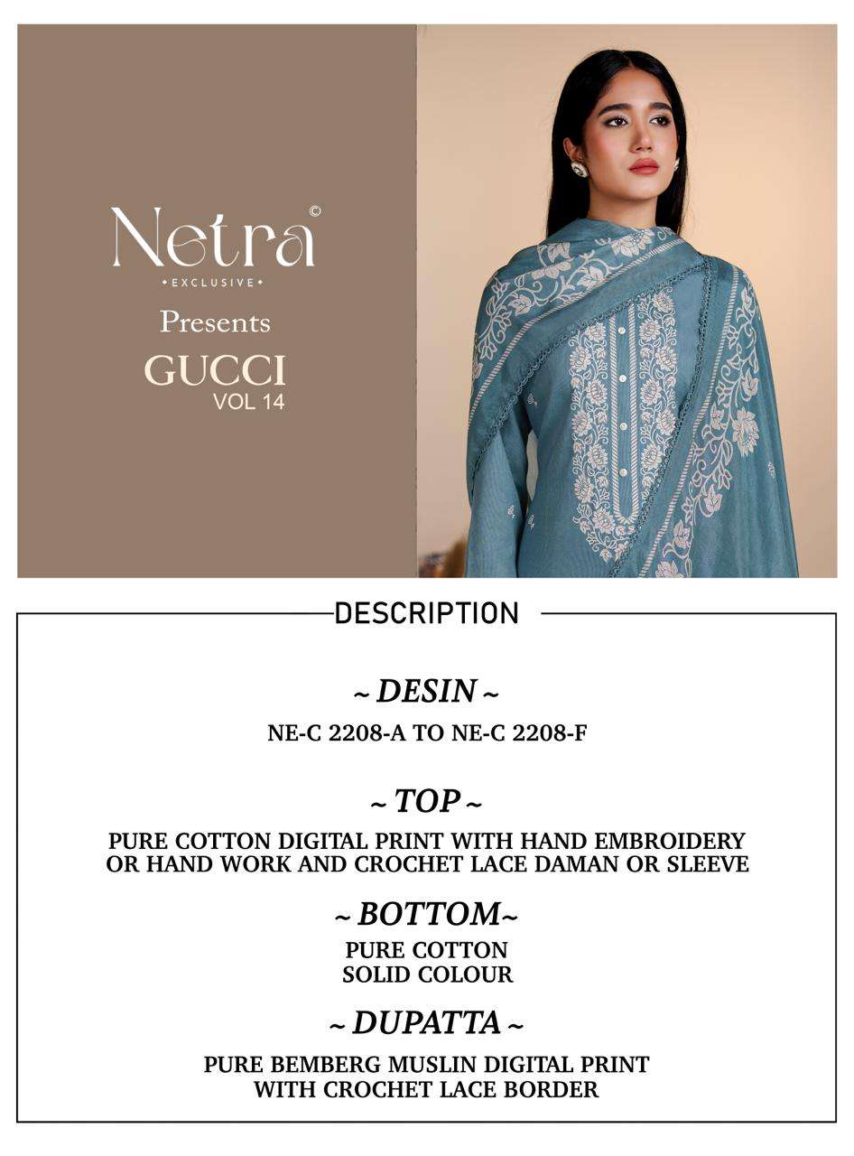 Netra Exclusive Gucci Vol 14 Premium Cotton Embroidered Dress Material - Amrah Wholesale