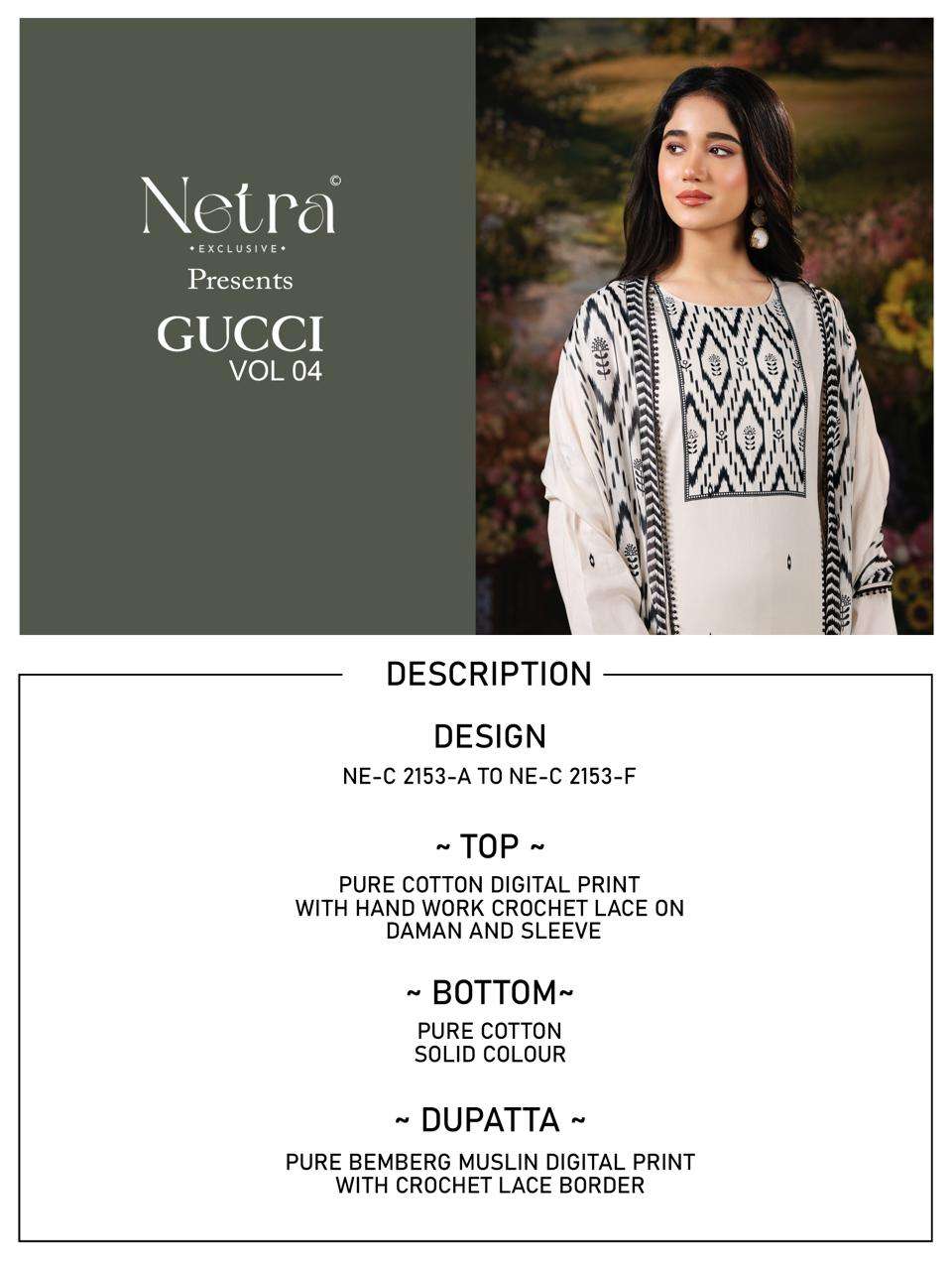 Netra Exclusive Gucci Vol 4 Cotton Satin Pakistani Suit - Amrah Wholesale