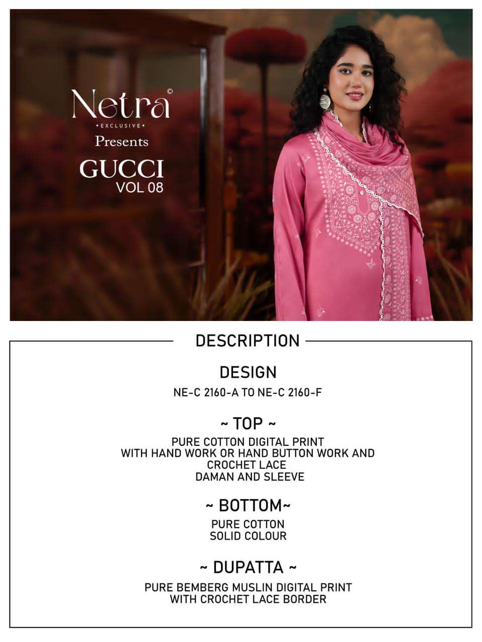 Netra Exclusive Gucci Vol 8 Pure Cotton Dress Material - Amrah Wholesale