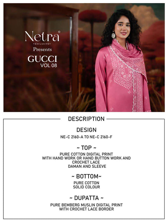 Netra Exclusive Gucci Vol 8 Pure Cotton Dress Material - Amrah Wholesale