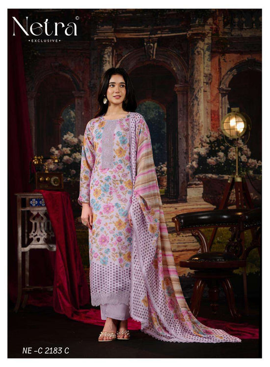 Netra Exclusive Kara Pure Bemberg Muslin Digital Print Dress Material - Amrah Wholesale