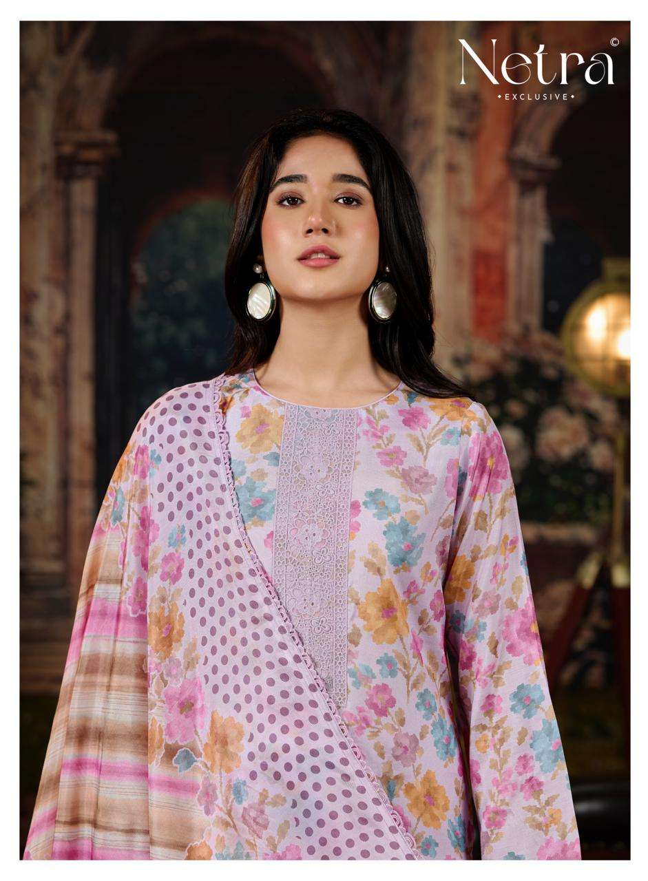 Netra Exclusive Kara Pure Bemberg Muslin Digital Print Dress Material - Amrah Wholesale