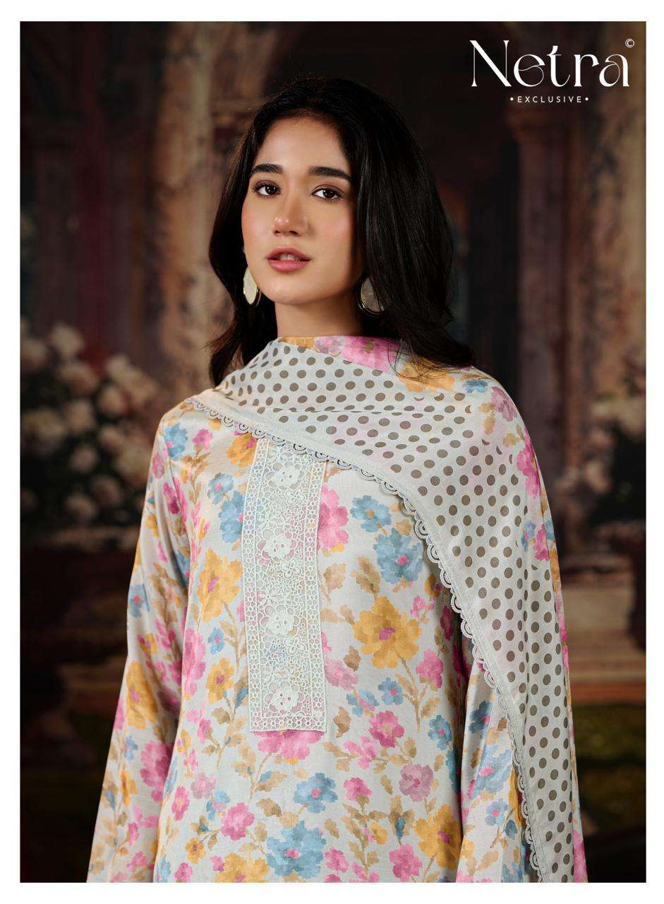 Netra Exclusive Kara Pure Bemberg Muslin Digital Print Dress Material - Amrah Wholesale